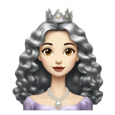 Regal pretty slender middle age woman photograph defined cheekbones high cheekbones crown vintage with very long iridescent black and silver hair wavy long hair pearl crown iridescent sticker