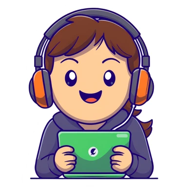 brown-haired gamer girl, excited expression, headphones, head only, emote sticker