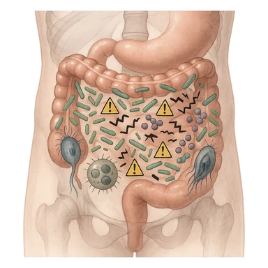 realistic transparent abdomen focusing on blastocystis hijacking the microbiome, altered bacterial flora, imbalance symbols, other parasites present, medical illustration sticker