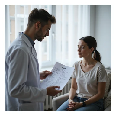 hyperrealistic 4K image of a male nutritionist in a white coat giving a sheet with the word 'dieta' to a seated woman, medical office, variation 10 sticker