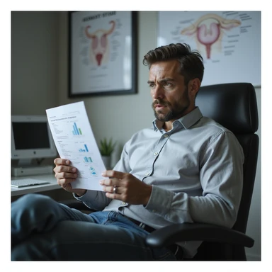hyperrealistic 4K image of a man in his 30s sitting alone in a doctor's office, staring at semen analysis report with 'azoospermia', hands gripping paper tightly, worried and hopeless look, fertility diagrams on wall sticker