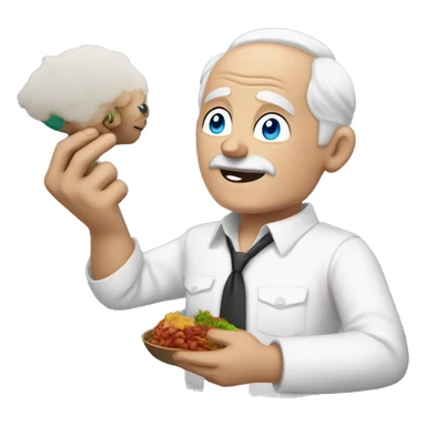 older man with white hair but no hair on top, blue eyes, wearing a white shirt with a little spot of dirt from food, holding  chines food in one hand and a BMW car key in the other  sticker