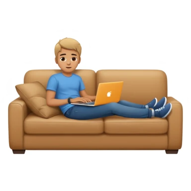 A young guy is lying on the sofa with a laptop sticker