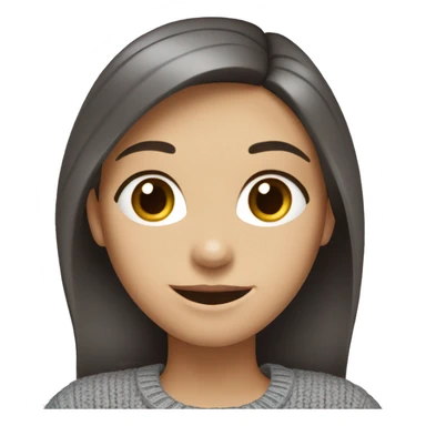 A girl with fair skin, blue eyes, dark brown hair, smiling, she's wearing a gray sweater sticker