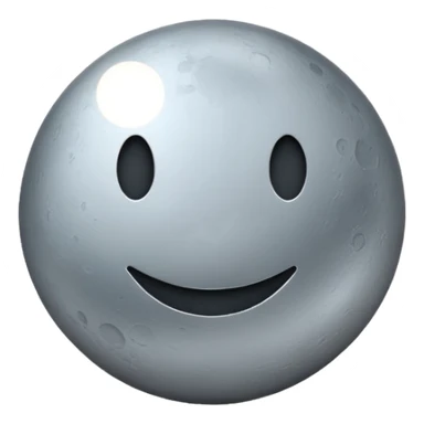 Polished silver moon emoji, chrome metallic texture, iOS emoji style, soft glow, smooth reflections, minimalistic design sticker