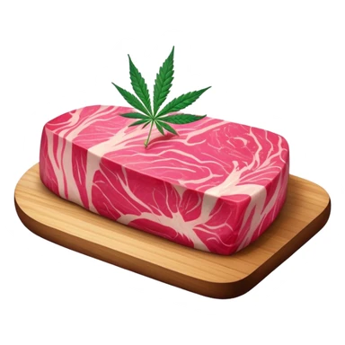 Pink marbled wagyu beef steak with cannabis leaf garnish sticker