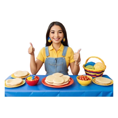 party table decorated with red blue and yellow colors, including a backdrops, balloons arch, streamers and more. On the table are intricate displays of colombian arepas, and baskets of money. In the forefront is a woman and man in simple clothing, big smiles and big thumbs up sticker