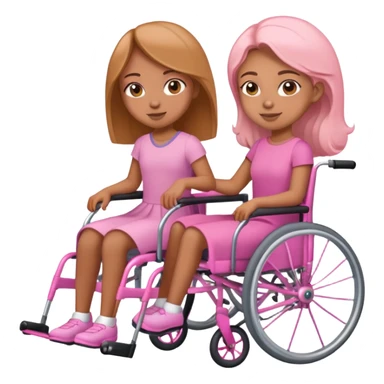 One tan skin sister pushing her light brown skin sister in a pink wheelchair sticker