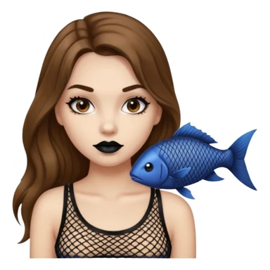 a pretty bratz fair girl with brown long hair styled well, looking like a baddie in a fishnet top and dark brown hair and black lipstick sticker
