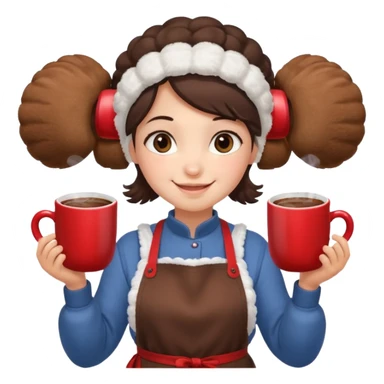 A cozy vendor with fluffy earmuffs, wearing apron handing out steaming cocoa with a warm smile. sticker
