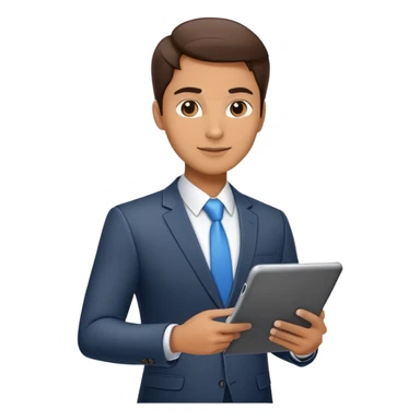 business executive confidently, holding a digital tablet or folder. The character wears smart business attire sticker
