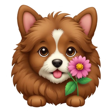 A brown fluffy puppy with a flower in it’s mouth sticker