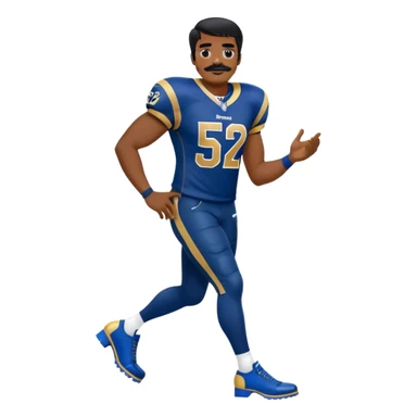Chill guy in LA Rams jersey  with nu.ber 52. Black hair black mustache. Full body. Blue heels sticker