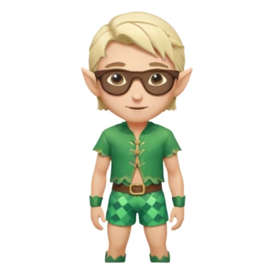 elf male legolas portrait, patterned board shorts (geometric/abstract), unique wooden-framed sunglasses, undercut hairstyle, slight smirk, visible pointy ears, no background, centered emoji, hipster summer vibe sticker