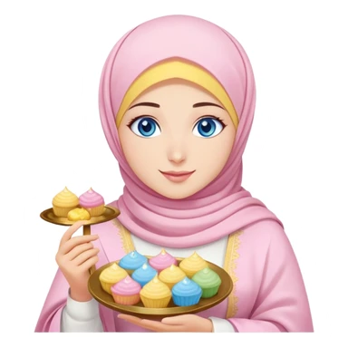 Turkish beautiful finish Konya girl blue eyes with powder pink yellow hijab islamic dress and had on her hand text Eid Mubarak with sweets and celebrating with her friends eid days   sticker