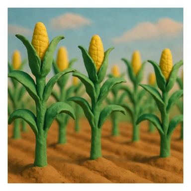 rows of tall corn stalks with green leaves and yellow corn in a corn field, soft pastel colors, blue sky, claymation style sticker