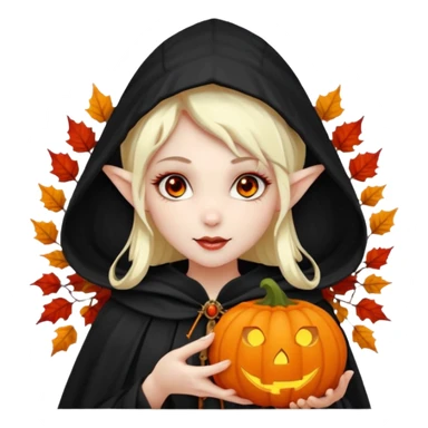 female elf vampire emoji, pale skin, red eyes, elegant face, autumn leaf and pumpkin wreath on head, black hooded cloak with cobweb details, holding small glowing pumpkin lantern, Halloween fantasy theme, Apple emoji style, clean white background, square sticker