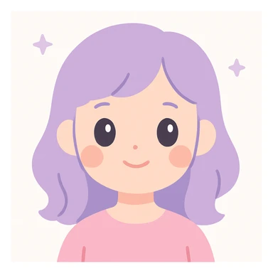 a girl with a cute peachy face, soft features, gentle smile, warm and friendly expression, lavender hair, simple background sticker