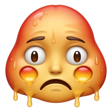 Apple-style emoji illustration of a melted, overheated face with sweat drops, expression annoyed, half-closed exhausted eyes, soft 3D emoji style, smooth gradients, rounded shapes, simple expression, centered composition. sticker