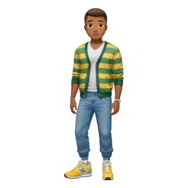 Handsome Black guy with brown skin tone, with lean muscular build, wearing baggy blue jeans, a white v-neck t-shirt, a yellow and green striped cardigan sweater, and grey new balance sneakers  sticker