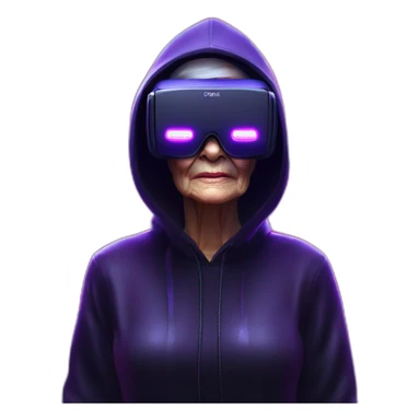 Russian old woman wearing a black hoodie with "OMG" letters on it and VR headset in a cyberpunk VR environment with violet neon lighting. sticker