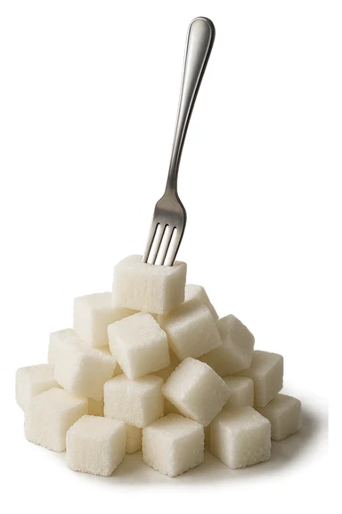 monagna di zollette di zucchero con una forchetta appizzata sopra, iperrealistico 4k sticker