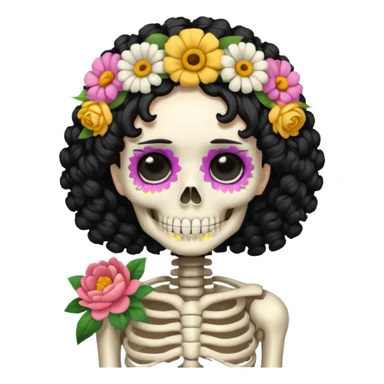 Skeleton with Flower Crown, curley hair black, with flower bouquet sticker