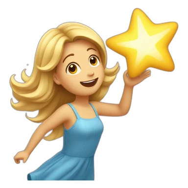Girl with waving hair in dress flying and catching a star sticker
