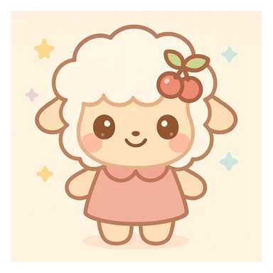 kawaii sheep character with creamy white wool with warm tint, soft warm beige or gentle pastel gray body, rosy cherry pink blush on cheeks, dark brown cocoa eyes with highlight sparkles, deep cherry red cherry hair clip with green leaf detail, outfit or accessory in dusty pink cherry red or pastel coral sticker