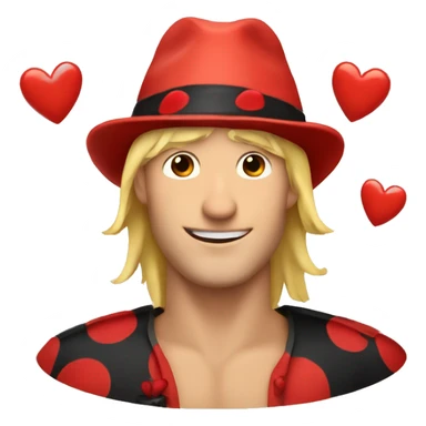 Blonde man wearing a ladybug hat with hearts around him sticker