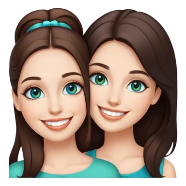 Happy smiley sisters, brunettes, bluegreen eyes, makeup, stylish sticker