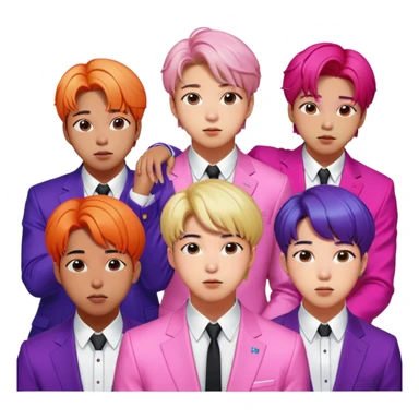 Cinematic Realistic group portrait of BTS featuring all 7 members in stylish modern attire, with detailed facial expressions and vibrant colors, captured in dynamic, contemporary lighting that emphasizes their global pop icon status sticker