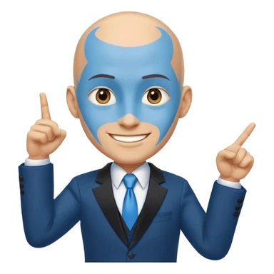 Blue-skinned male character with a large bald head, wearing a black and blue suit. Pointing to his temples with a clever, confident smile sticker