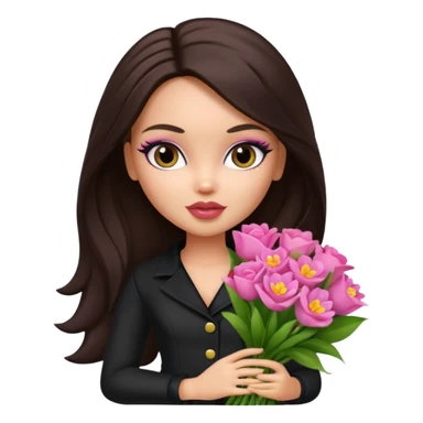  pretty bratz doll with makeup with dark top, long dark brown hair holding big bouquet of flowers  sticker