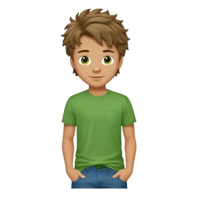 A teenage boy, tanned, wearing a green t-shirt , blue jeans and green sneakers with brown wavy tousled hair, smirking sticker