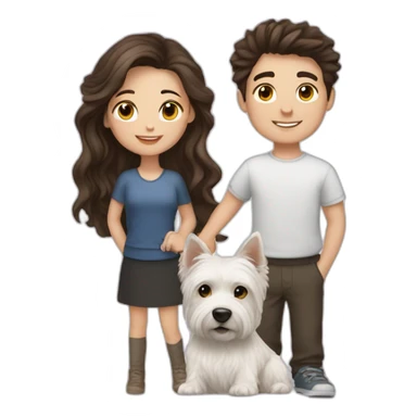 Brunette girl and brunette boy with westie sticker