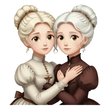 Two Victorian women embracing in a close hug, one with bright white coiffed hair and one with dark copper coiffed hair, both with light eyes, wearing Victorian high-neck dresses sticker