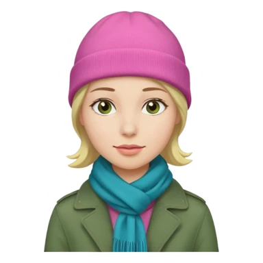 una mujer con: pink beanie, green bufanda and long blue jacket sticker