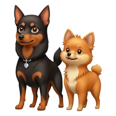 Doberman Pinscher and Pomeranian Spitz standing side by side. The Doberman has a sleek black and tan coat with alert ears, while the Pomeranian has a fluffy orange coat and a joyful expression. Beautiful natural background, with a clear blue sky and green grass. Transparent background. sticker