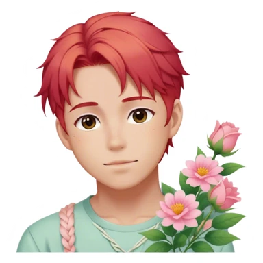 Gorgeous pastel red hair with a thin braid on the side anime style shojo guy with blushing face and flowers aesthetic trending style outside sticker