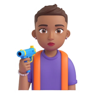 brown-skinned boy with a low taper fade haircut, septum piercing, two eyebrow slits on his left eyebrow, holding a watergun, 3D emoji style sticker