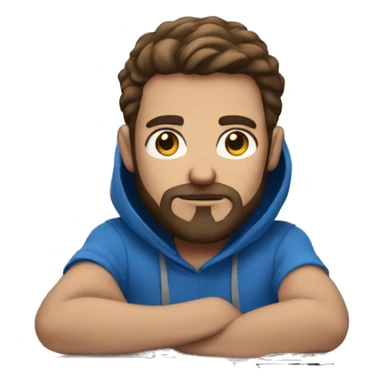 a focused white man, wearing a blue hoodie, with brown hair, black medium beard ,behind a laptop screen sticker