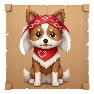 A small scruffy dog wearing a torn bandana, sitting beside a cardboard piece with hopeful gentle eyes.
e Fireplace sticker