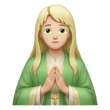 a young bishop, green eyes, long blonde hair, light green wide, flowing outer robe. hands clasped together, eyes closed. Soft light, subtle fern. Waist-up, profile. sticker