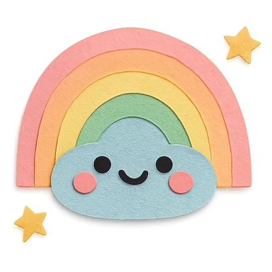 adorable pastel gentle rainbow arc, tiny stars, no arms or legs, full body, kawaii paper craft style sticker