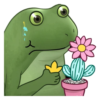 A Frog holding a blooming glitter cactus  sticker