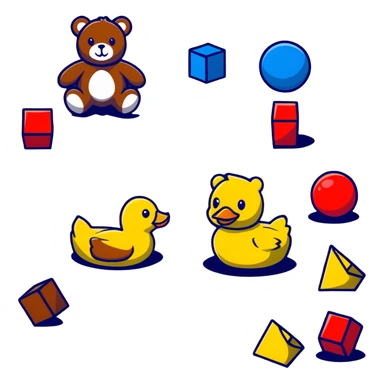 scattered children's toys on floor - teddy bear, rubber duck, blocks, ball, action figures sticker