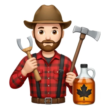 I want a Canadian lumberjack wearing a red and black plaid shirt drinking maple syrup out of the maple syrup bottle and holding a axe in the other sticker