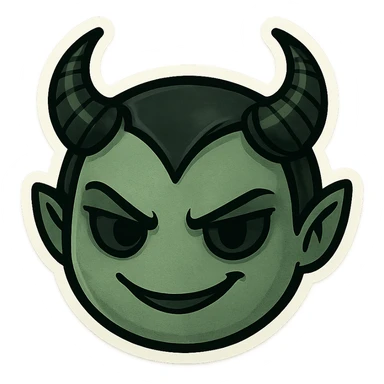 devil emoji in chibi style with gothic palette black and green, elegant horns, sinister smile sticker