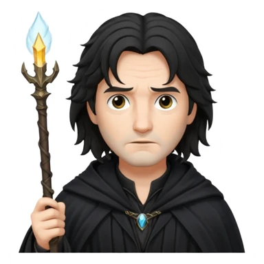 Sirius Black emoji, serious look, long messy hair, wand in hand, dark cloak sticker